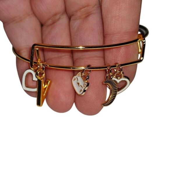 Gold Cat Charm Letter V Adjustable Bangle Bracelet - Picture 2 of 2